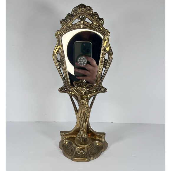 hand held Mirror Stand with Lady Figurine Nouveau cast Brass 11- 7/8" tall - Picture 2 of 15
